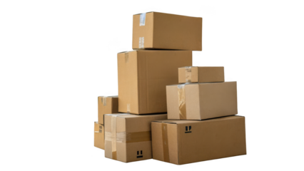 Stack of various sized cardboard boxes taped shut isolated on transparent background