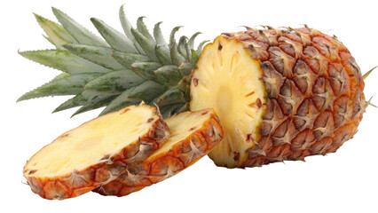 Freshly sliced ripe pineapple with green leaves isolated on transparent background