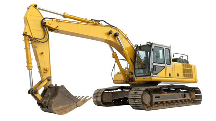 Heavy yellow excavator with a large bucket and tracks isolated on transparent background