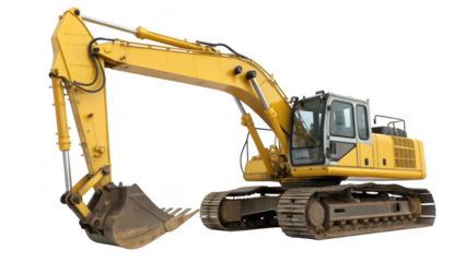 Heavy yellow excavator with a large bucket and tracks isolated on transparent background
