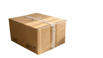 Brown cardboard shipping box tied with twine and decorative tape isolated on transparent background