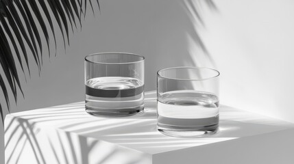 Two clear glasses of water on a white surface.