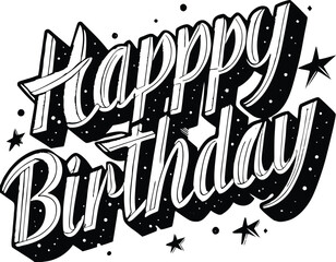 Stylized Happy Birthday Message in 3D Script Font with Pink and Blue Accents on Gray Background  Fun Festive Art