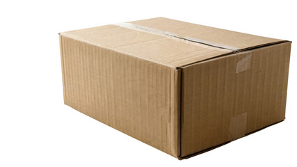 Closed brown corrugated cardboard shipping box with clear tape isolated on transparent background