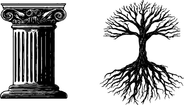 Architectural pilaster and tree roots in engraved collage design for artistic projects
