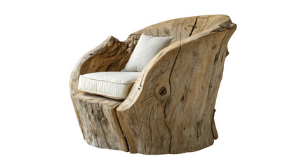 Unique rustic armchair carved from weathered wood with a comfortable cream cushion isolated on transparent background