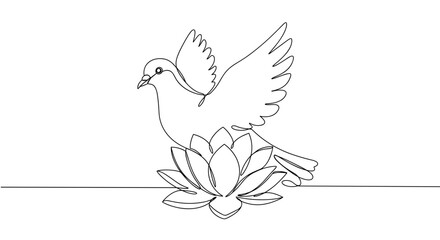 Line drawing of a bird flying over a lotus flower on transparent background  