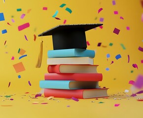 Graduation cap atop stack books. Education concept, higher learning. Academic achievement, degree, knowledge, wisdom. University college, high school graduation ceremony