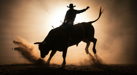  Silhouetted bull and rider in mid-air during rodeo, dust and backlight add cinematic drama.