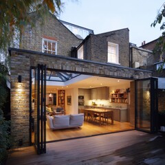 Stunning photo of modern house extension with large glass doors. Open plan living area with sofa, dining table, wooden flooring visible through doors. Exterior of brick house.