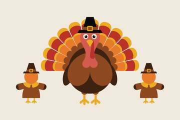 Cartoon thanksgiving scene with a turkey wearing a pilgrim hat and two smaller pilgrim turkeys beside