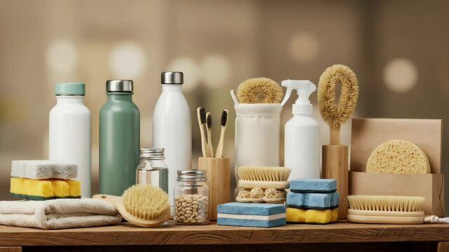 Eco friendly cleaning supplies on wooden surface