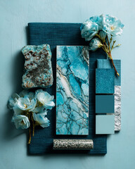Transformative teal - dark blue, aqua - color moodboard with marble, flowers and fabric samples