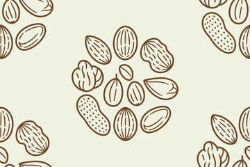 A seamless pattern featuring various types of nuts including almonds peanuts and pecans on a light background