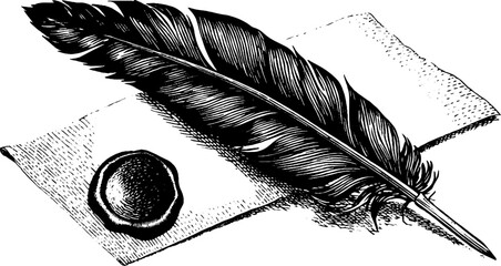Vintage feather quill with wax seal on parchment for artistic design and historical themes