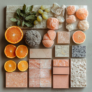 Peach fuzz color of the year 2024 moodboard with marble, fruits and fabtic samples