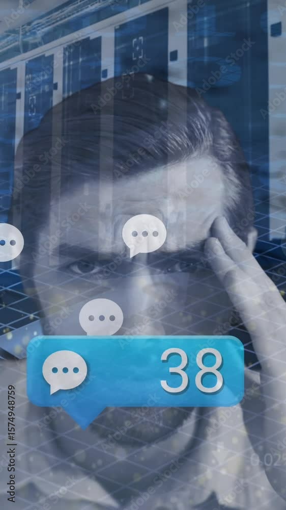 Poster animation of message icon with increasing numbers over stressed caucasian man and data processing
