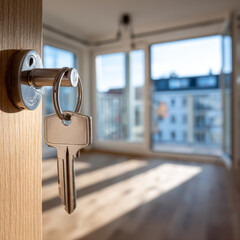 Casa en venta, llave en la cerradura como símbolo de estreno de nueva casa en venta o alquiler, concepto de sector inmobiliario.