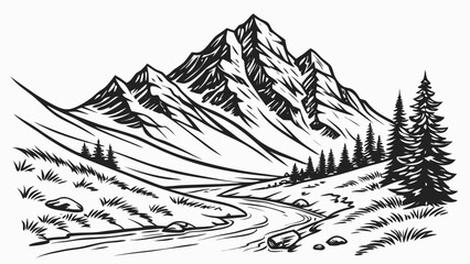 Fototapeta premium A dramatic mountain range with a flowing river and lush trees creates a picturesque landscape, perfect for outdoor adventures and exploration