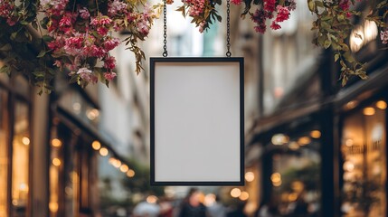 Creative signboard mockup with customizable empty frame on an urban street backdrop featuring sleek flat design