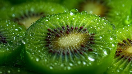 Macro High Resolution Aerial Close-Up Photography of Kiwis with Detailed Water Drops on a Bright Green Background