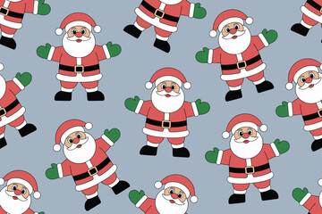 Seamless pattern featuring cartoon santa claus figures on a light blue gray colored background design festive