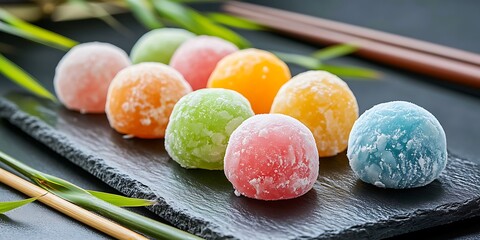 Artistic display of vibrant mochi balls on rustic wooden serving board