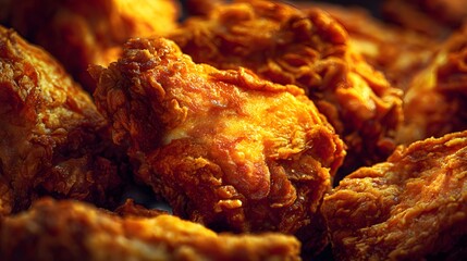 Vibrant Close-Up Shot Capturing the Tantalizing Crispiness and Rich Aromatic Texture of Freshly Fried Golden Chicken Pieces