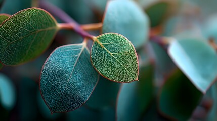 Ultra-Detailed Macro Photography of Vibrant Eucalyptus Leaves with Exquisite Shallow Depth of Field Emphasizing Natural Textures and Softness