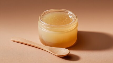 Artistic Close-Up of a Nutrient-Rich Royal Jelly Container with a Plastic Spoon and Minimalist Background Highlighting Sophisticated Textures