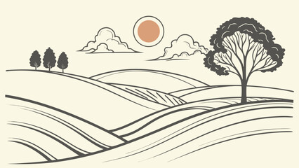 Rolling fields and a lone tree under a sunny sky create a peaceful rural landscape, evoking the tranquility of the countryside © gordon