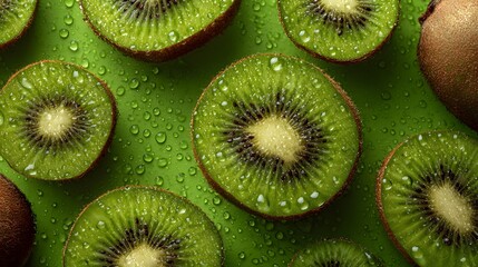 Overhead Macro Photography of Kiwi Arrangement with Glistening Droplets and Juicy Textural Detail on a Bright Green Background
