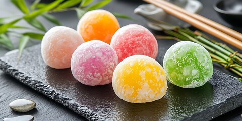 Artistic display of vibrant mochi balls on rustic wooden serving board