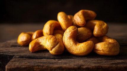 Stunning Macro Photography of Golden Cashew Nuts on Rustic Wooden Board with Balanced Copy Space for Commercial Appeal