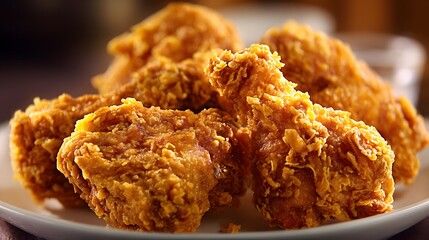 Stunning Macro Photography of Crispy Golden Fried Chicken Pieces with Intricate Texture and Savory Details in a Minimalist Presentation