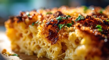 Artistic Close-Up Composition of a Sumptuous Baked Mac and Cheese Dish with a Crispy, Textured Crust Illuminated by Soft Natural Light