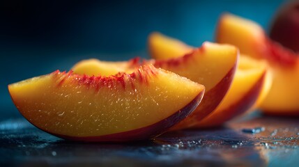 Artistic high-resolution macro imagery featuring vividly sliced ripe peaches with detailed textures, natural light, and exquisite color transitions