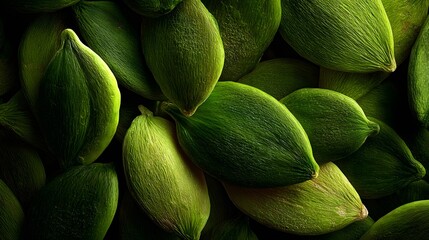Exquisite photographic composition capturing a cluster of green pumpkin seeds with intense focus on texture and organic natural coloration in a close-up view