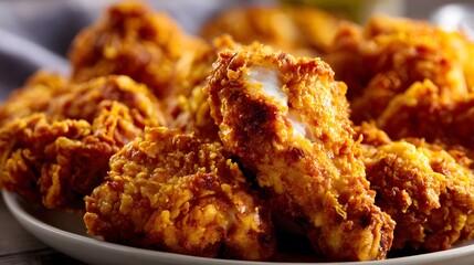 Stunning Macro Photography of Crispy Golden Fried Chicken Pieces with Intricate Texture and Savory Details in a Minimalist Presentation