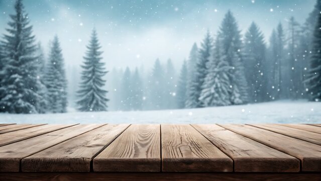 Rustic wooden table in foreground with a blurred background of a snowy forest during snowfall