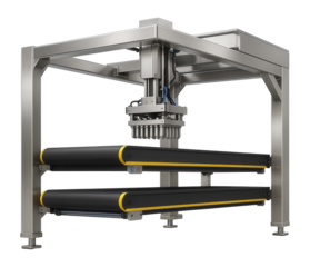 High-speed gantry palletizer with dual-layer conveyor belts for a food processing facility