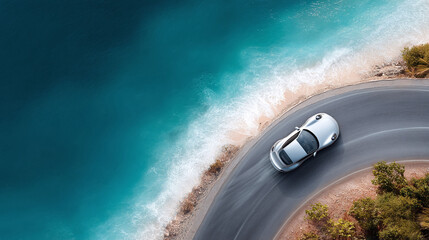 Obraz premium Silver car driving on coastal road. Scenic ocean vista. Ideal for travel, lifestyle, or automotive concepts. Perfect for ads, posters, or website backgrounds.