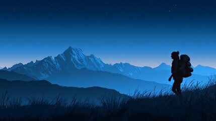 Solitary trekker's silhouette against majestic mountain range, bathed in serene hues of deep blue sky, an artistic rendering.