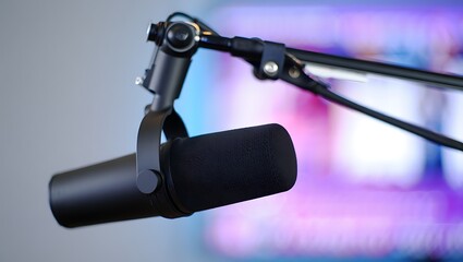 Obraz premium Professional black condenser microphone mounted on an adjustable studio arm with a soft focus colorful background ideal for podcasting recording and broadcasting