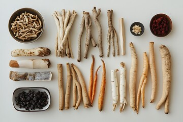 Assortment of dried medicinal herbs and roots arranged artfully on a white surface for traditional healing and wellness