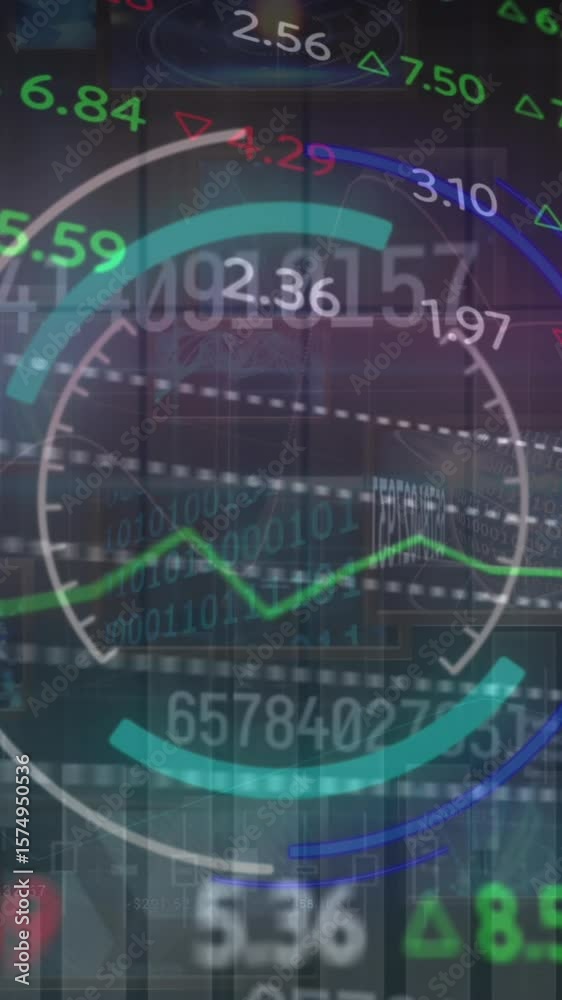Poster animation of scope scanning and data processing over stock market on grey background