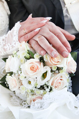 Close-up of newlyweds' hands with rings.