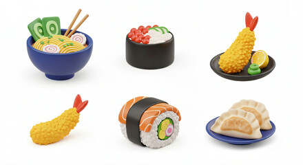 Collection of 3d model flat icons representing japanese typical food. Set against white background.