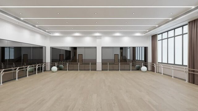 Modern Dance Studio Interior with Wooden Floor and Large Mirrors - 3d Rendering
