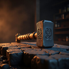 Ornate Hammer Rests on Stone Anvil in a Dark Workshop